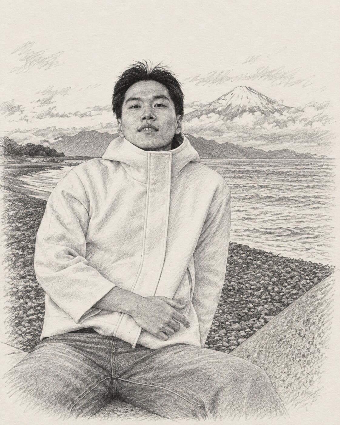 Pencil drawing of Kan, made from a photo: he sits on the rocks at the beach with Mount Fuji behind him.